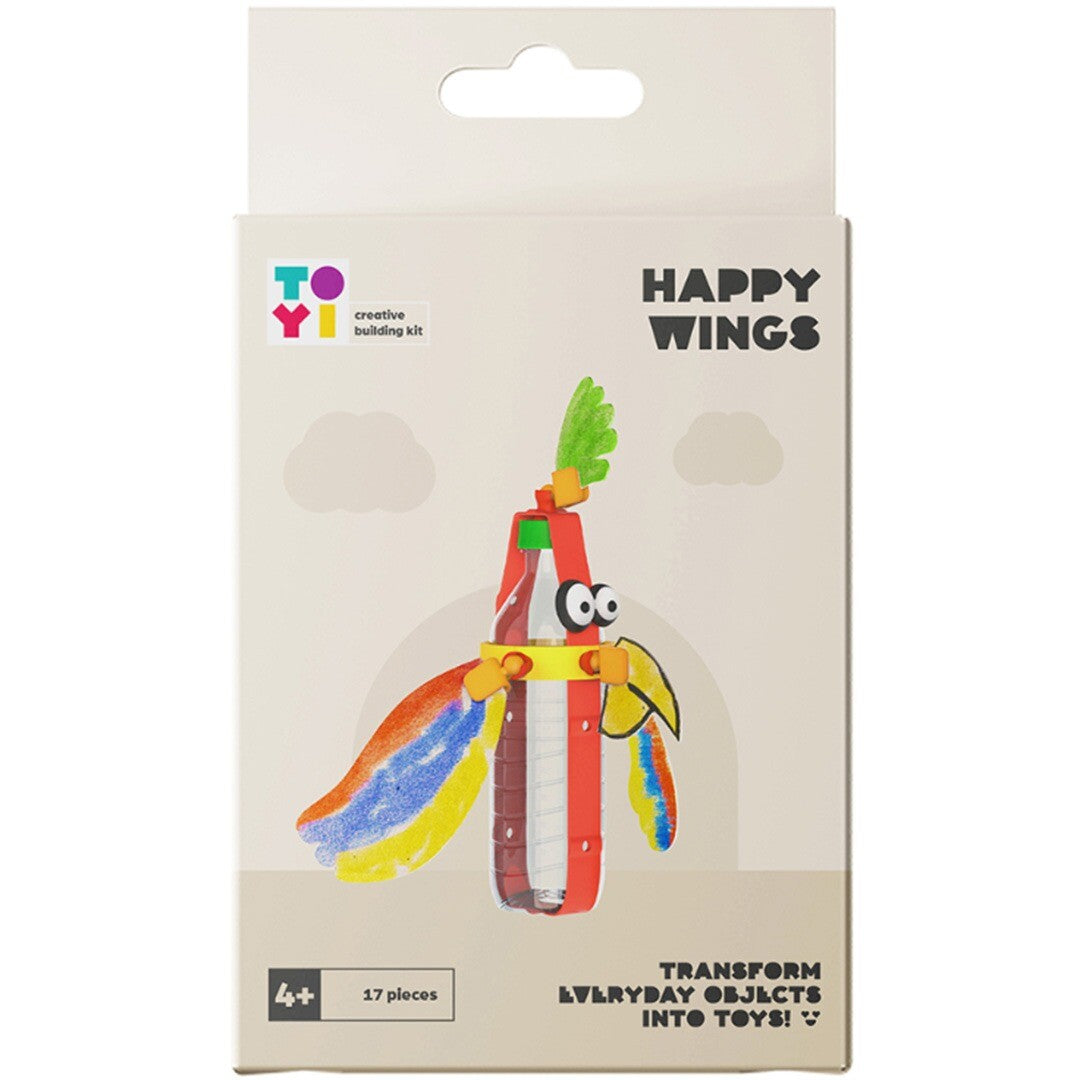 Verpakking van de Toyi Happy Wings knutselset met een kleurrijke vogel gemaakt van een fles.