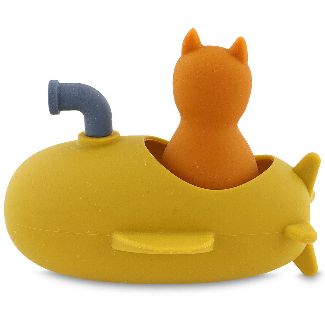Trixie badspeelgoed van een gele duikboot met een oranje vos erin, van achteren gezien.