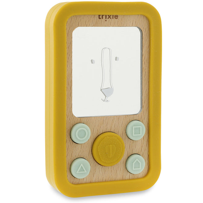 Trixie houten bijtspeelgoed in de vorm van een gele telefoon met een spiegeltje van een leeuw en siliconen knoppen.