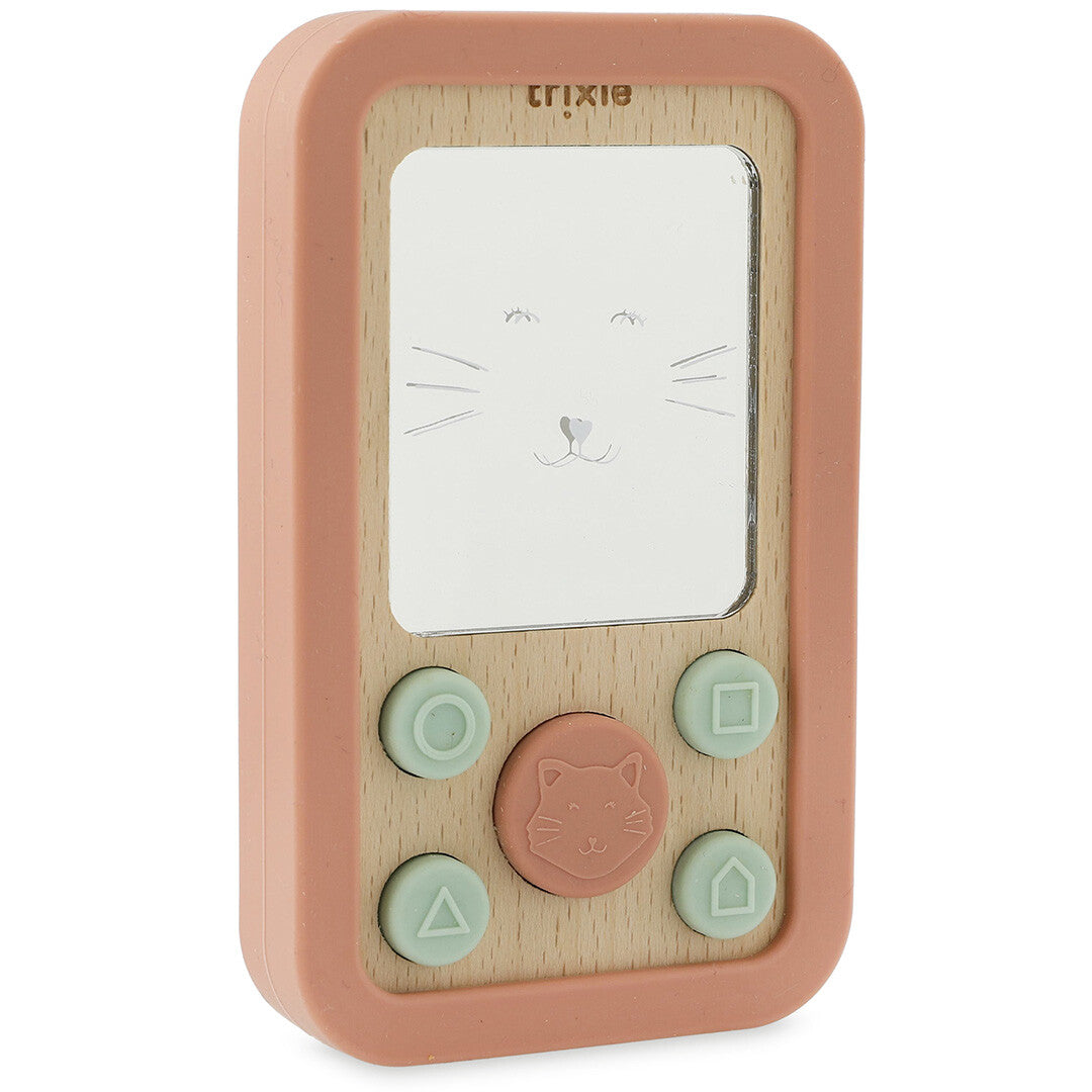 Trixie bijtspeelgoed telefoon met spiegeltje, roze siliconen rand en een kattengezichtje op het scherm.