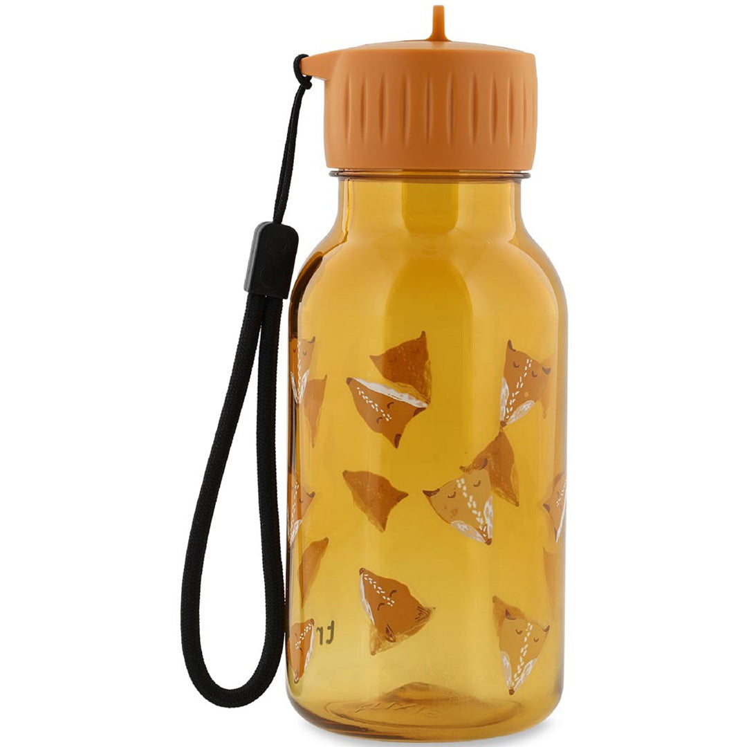 Trixie kinderdrinkfles van oranje plastic met vossenprint en zwart draagkoord.