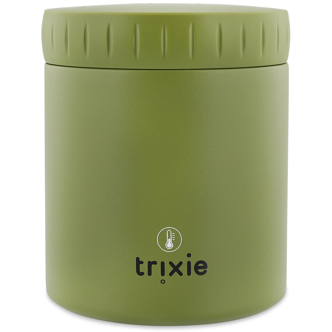 Achterkant van de Trixie groene geïsoleerde voedselpot met logo en thermometericoon.