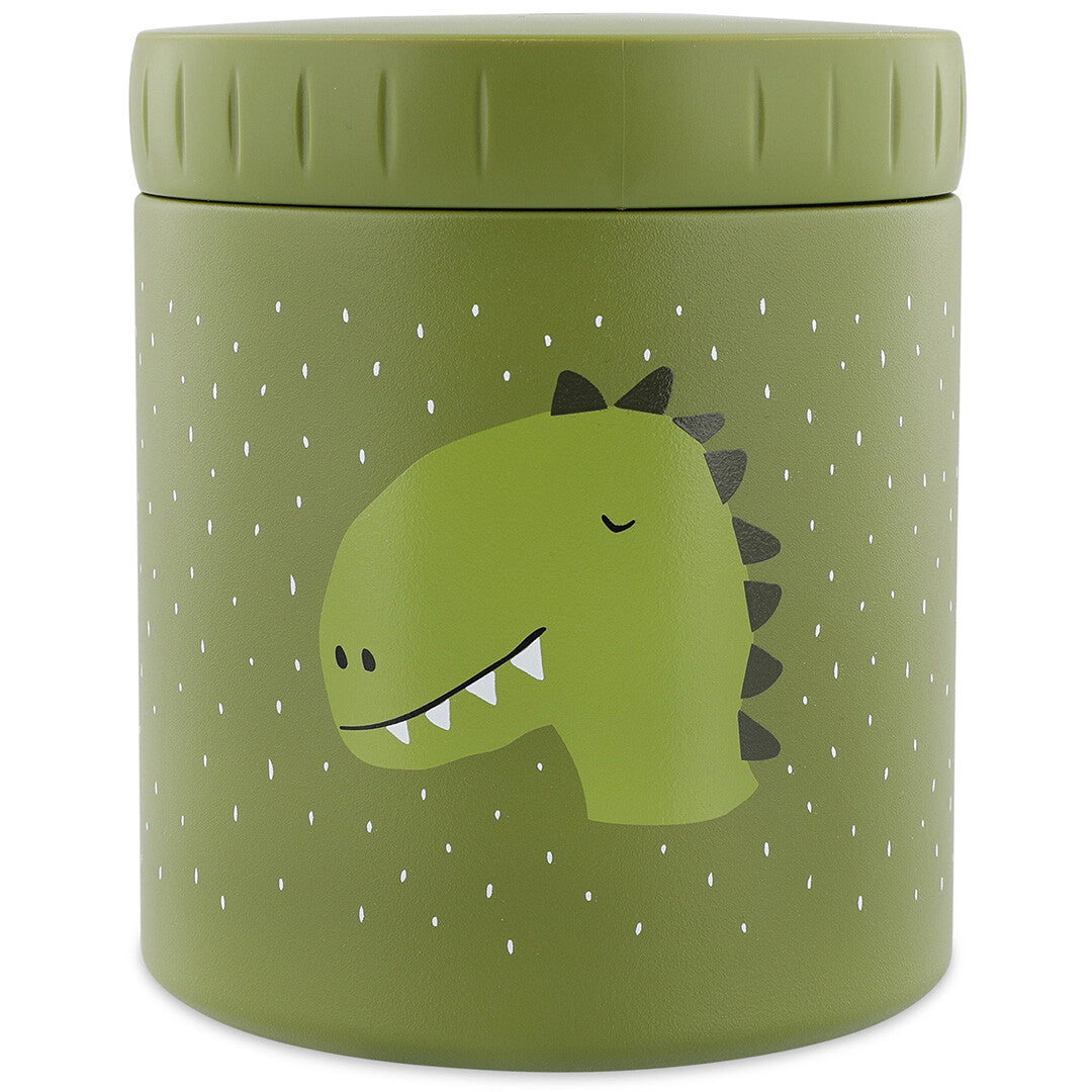 Groene Trixie geïsoleerde voedselpot met een dinosaurus en witte stippen.