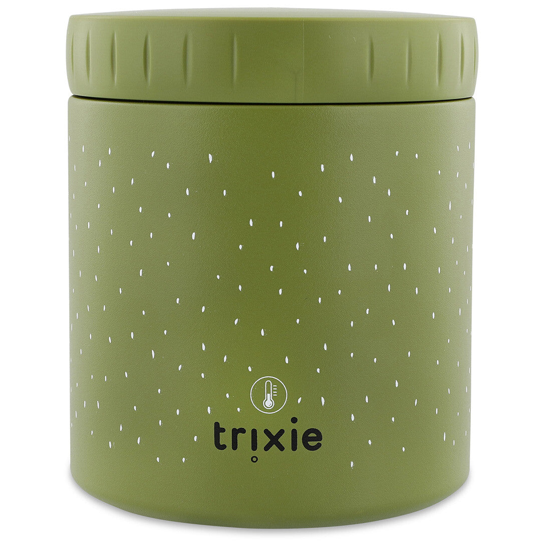 Achterkant van de groene Trixie geïsoleerde voedselpot met witte stippen en het Trixie logo.