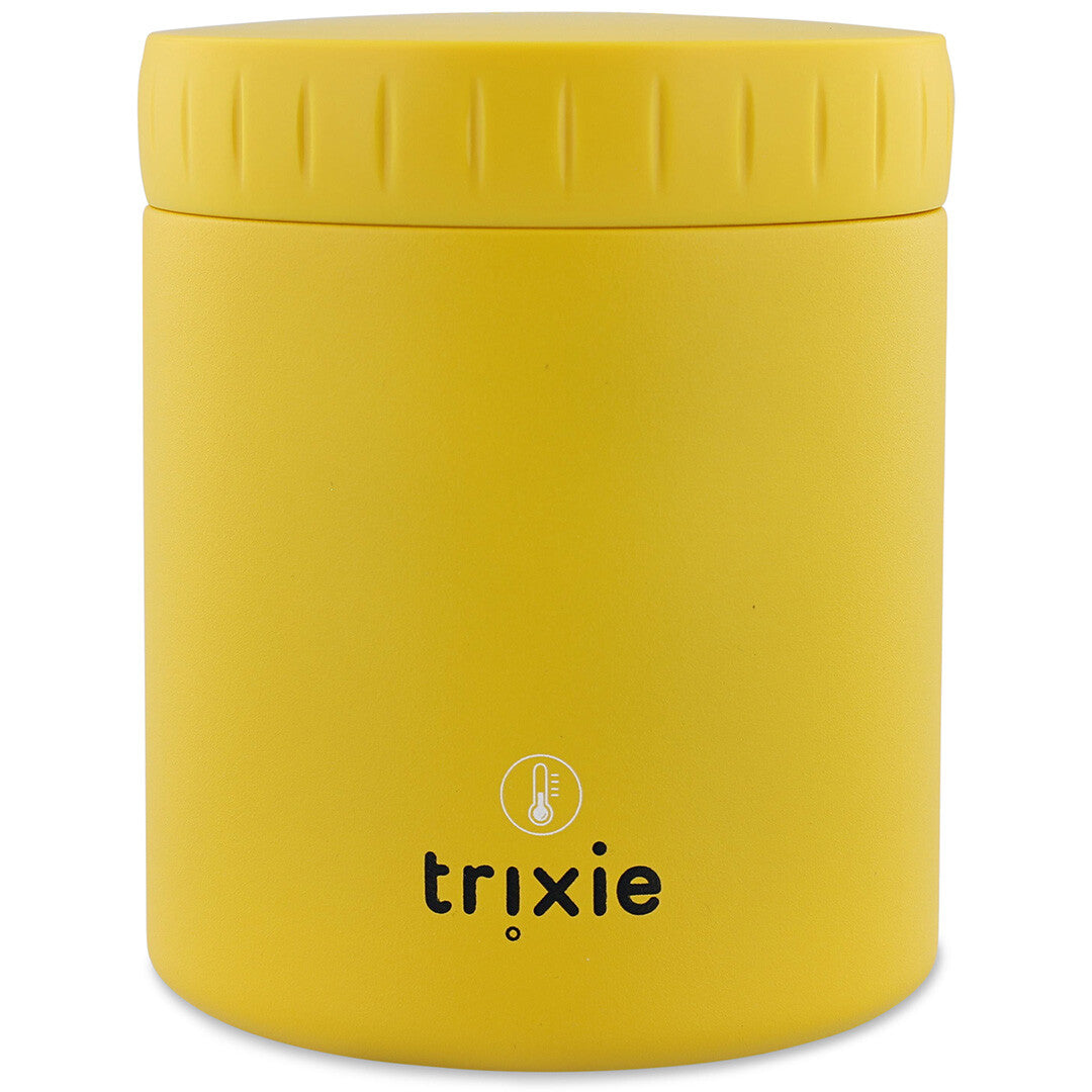 Achterkant van de gele Trixie geïsoleerde voedselpot met logo en thermometericoon.