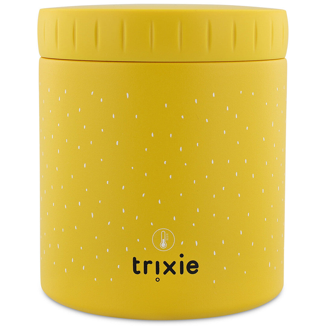 De achterkant van de Trixie gele geïsoleerde voedselpot met stippen en het merklogo.