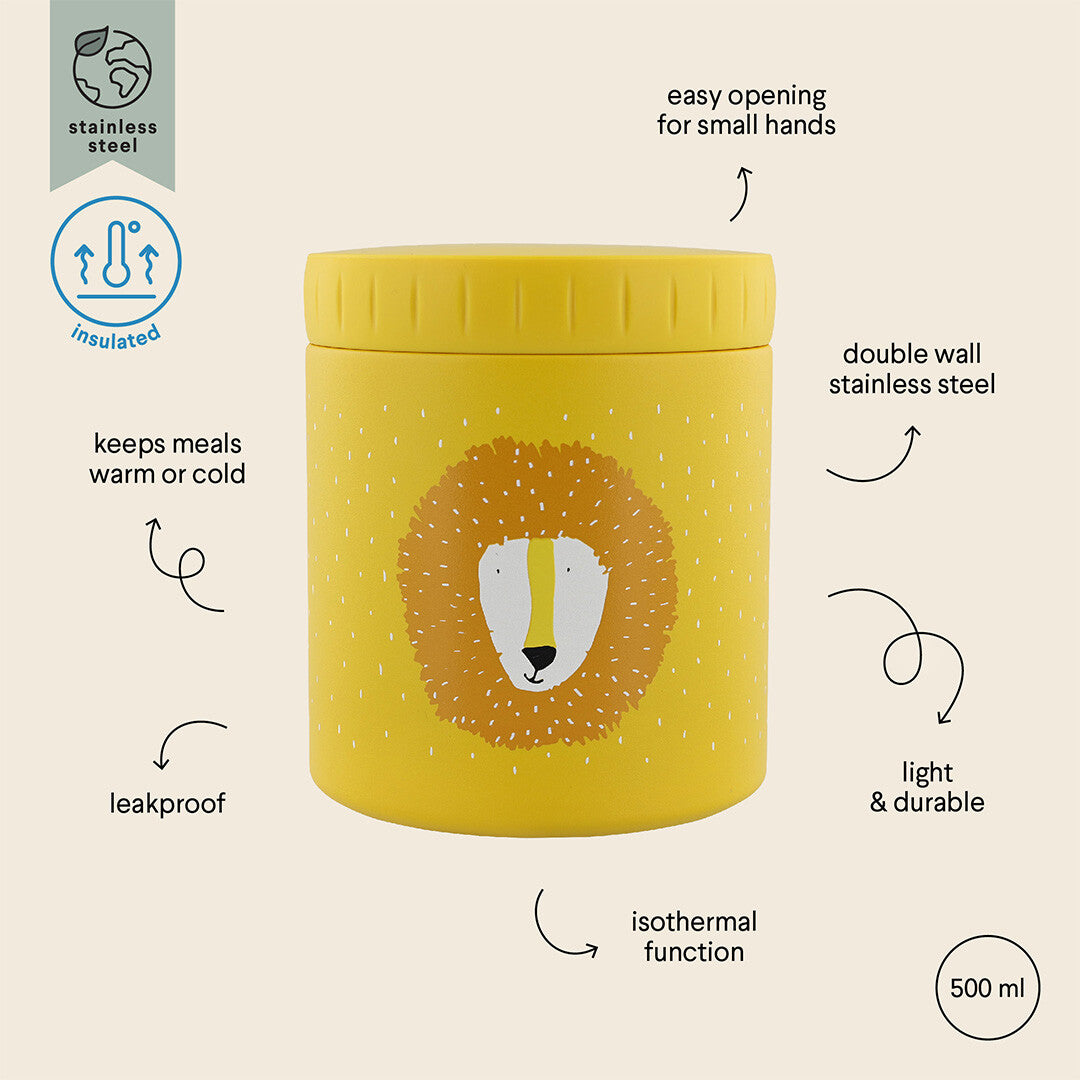 Infographic van de Trixie gele geïsoleerde voedselpot met leeuwenkop en pijlen die de productkenmerken uitleggen.