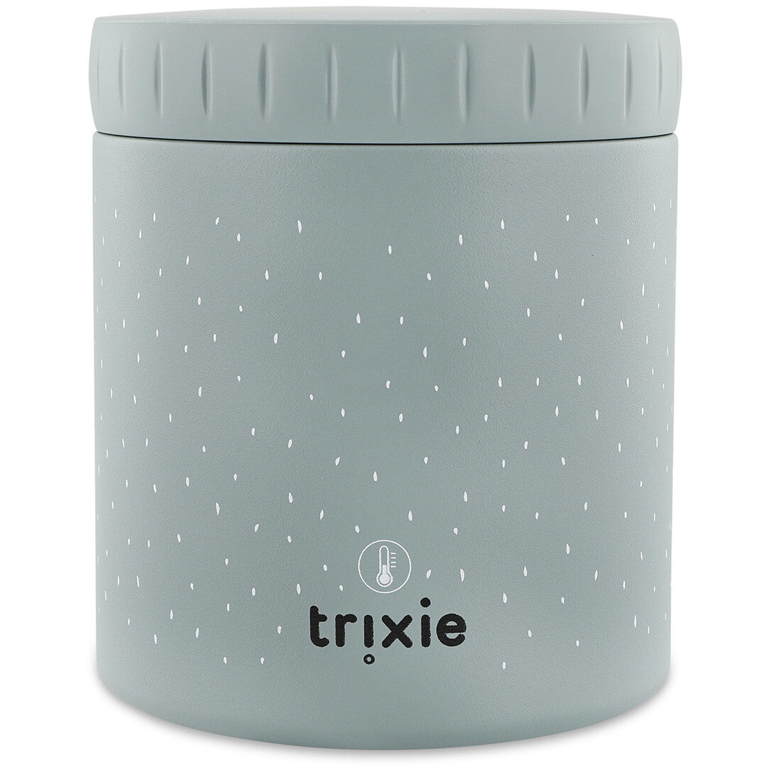 De achterkant van de Trixie geïsoleerde voedselpot met logo en thermometericoon.