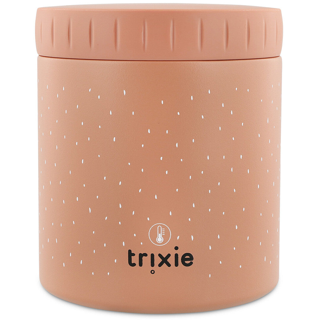 De achterkant van de Trixie geïsoleerde voedselpot met witte stippen en het merklogo.