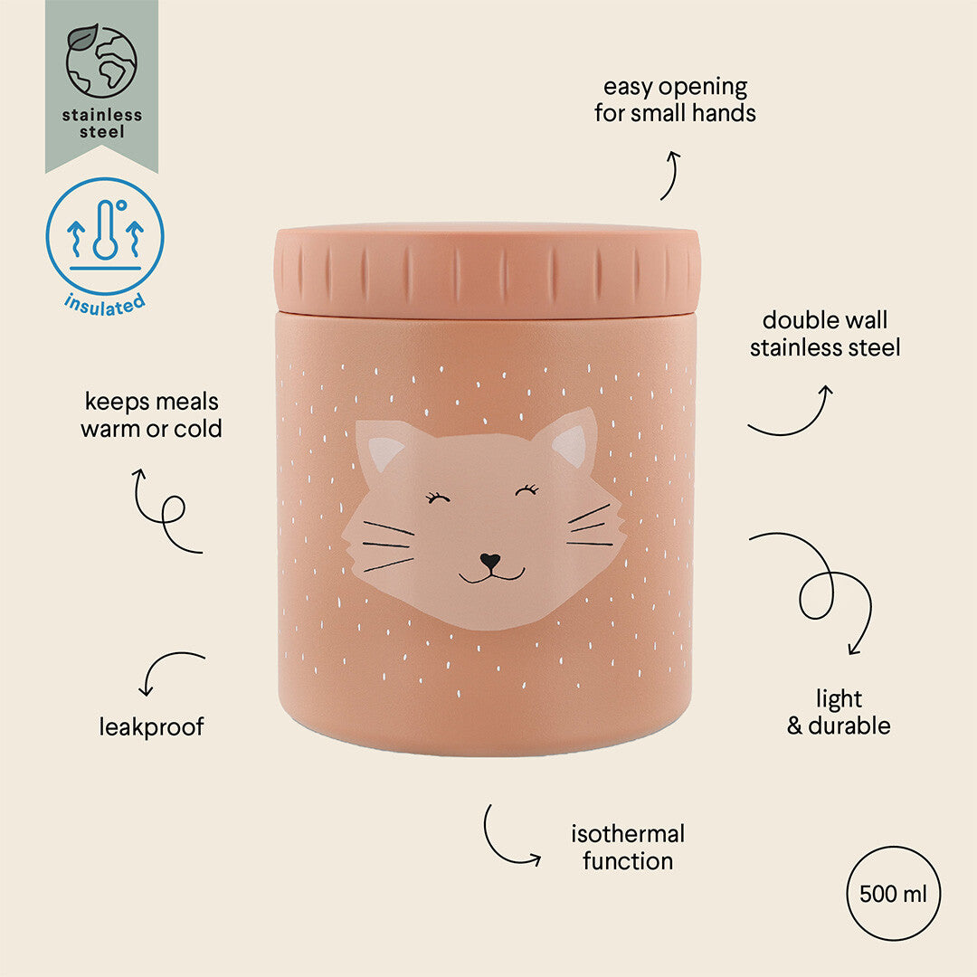 Infographic van de Trixie geïsoleerde voedselpot met kattengezicht en uitleg over de kenmerken.