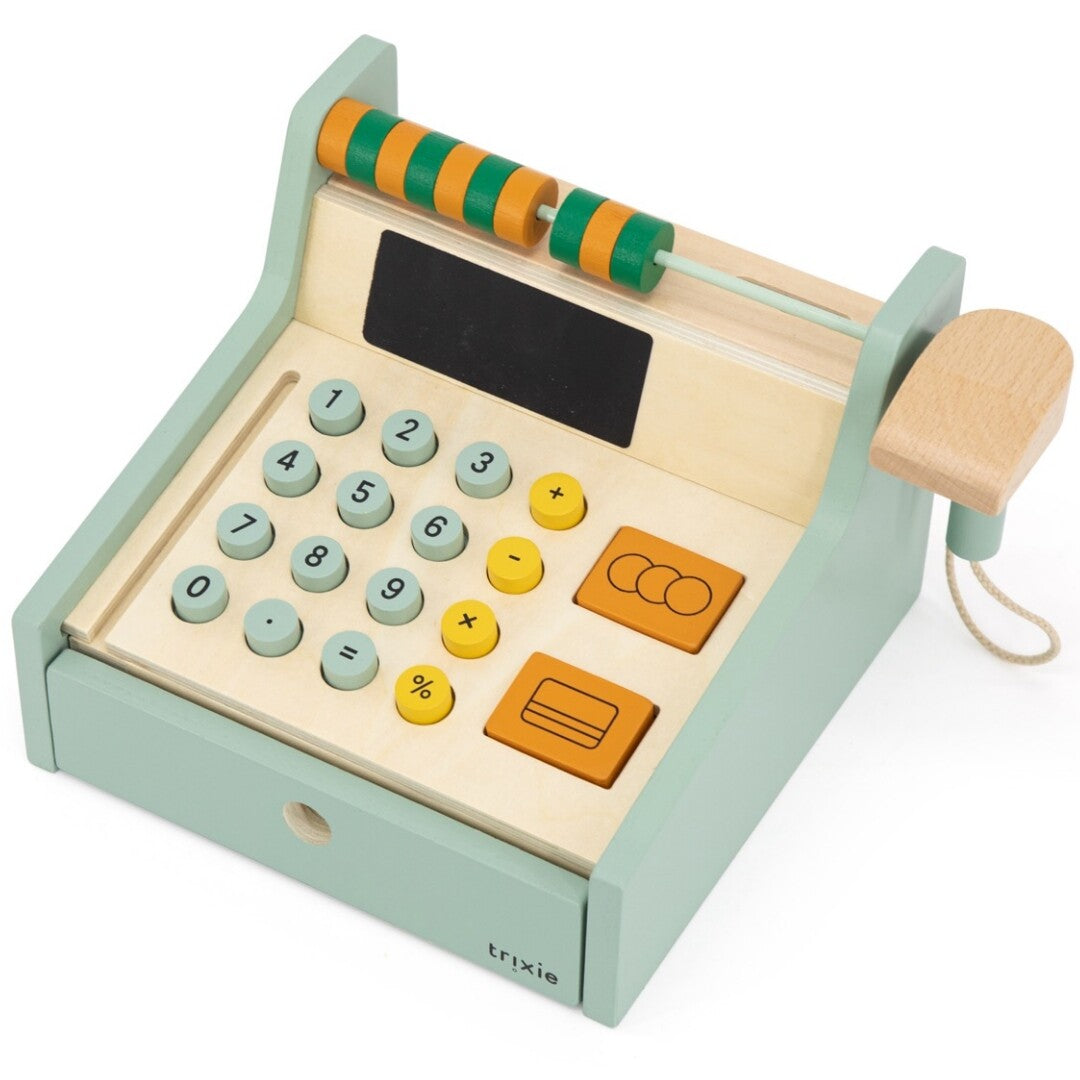Trixie houten speelgoedkassa in lichtgroen met een abacus, cijfertoetsen en een scanner.