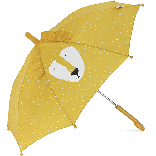 Trixie gele kinderparaplu met leeuwenkop en witte stippen.