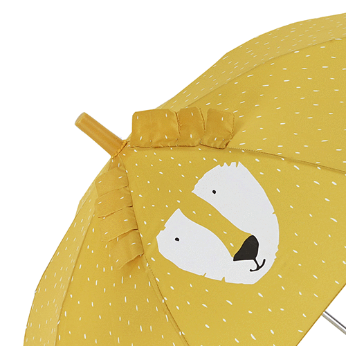 Detail van de Trixie gele kinderparaplu met leeuwenkop.