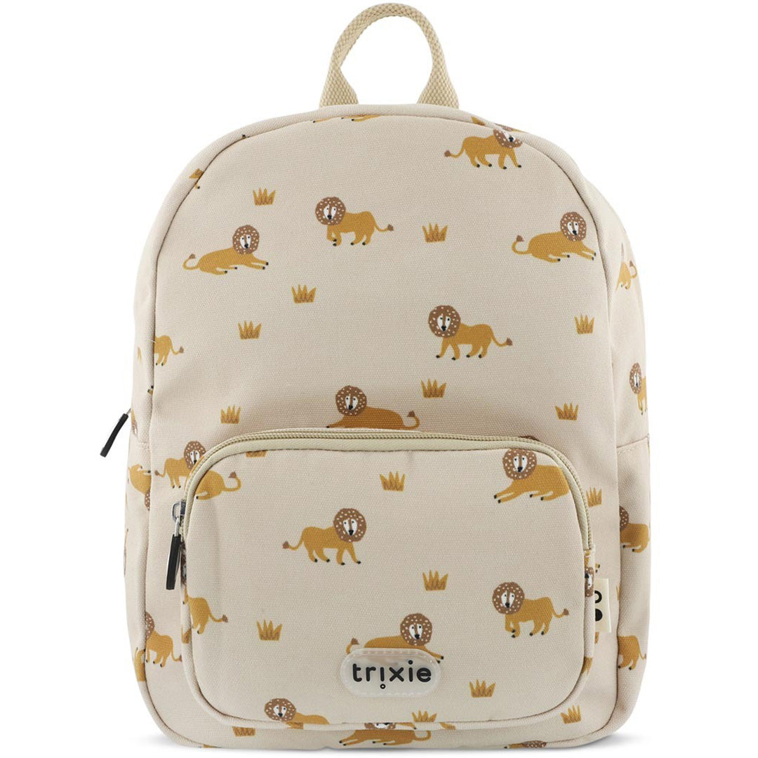 Trixie beige kleuterrugzak met leeuwenpatroon en voorvak.