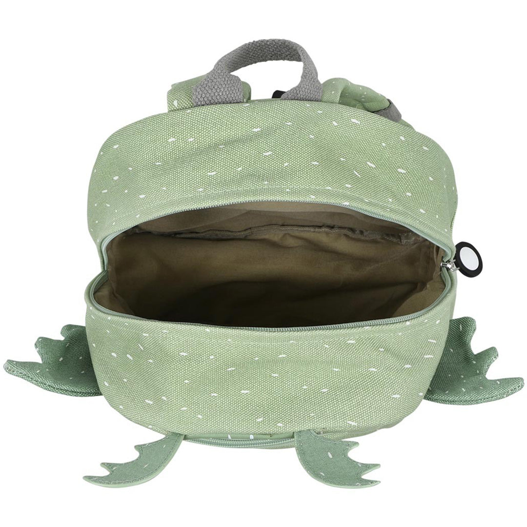Bovenaanzicht van de open groene kleuterrugzak met drakenvleugels.