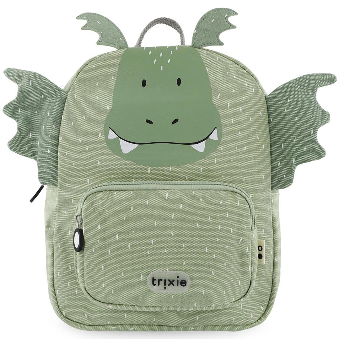 Trixie groene kleuterrugzak met drakengezicht en vleugels aan de voorkant.