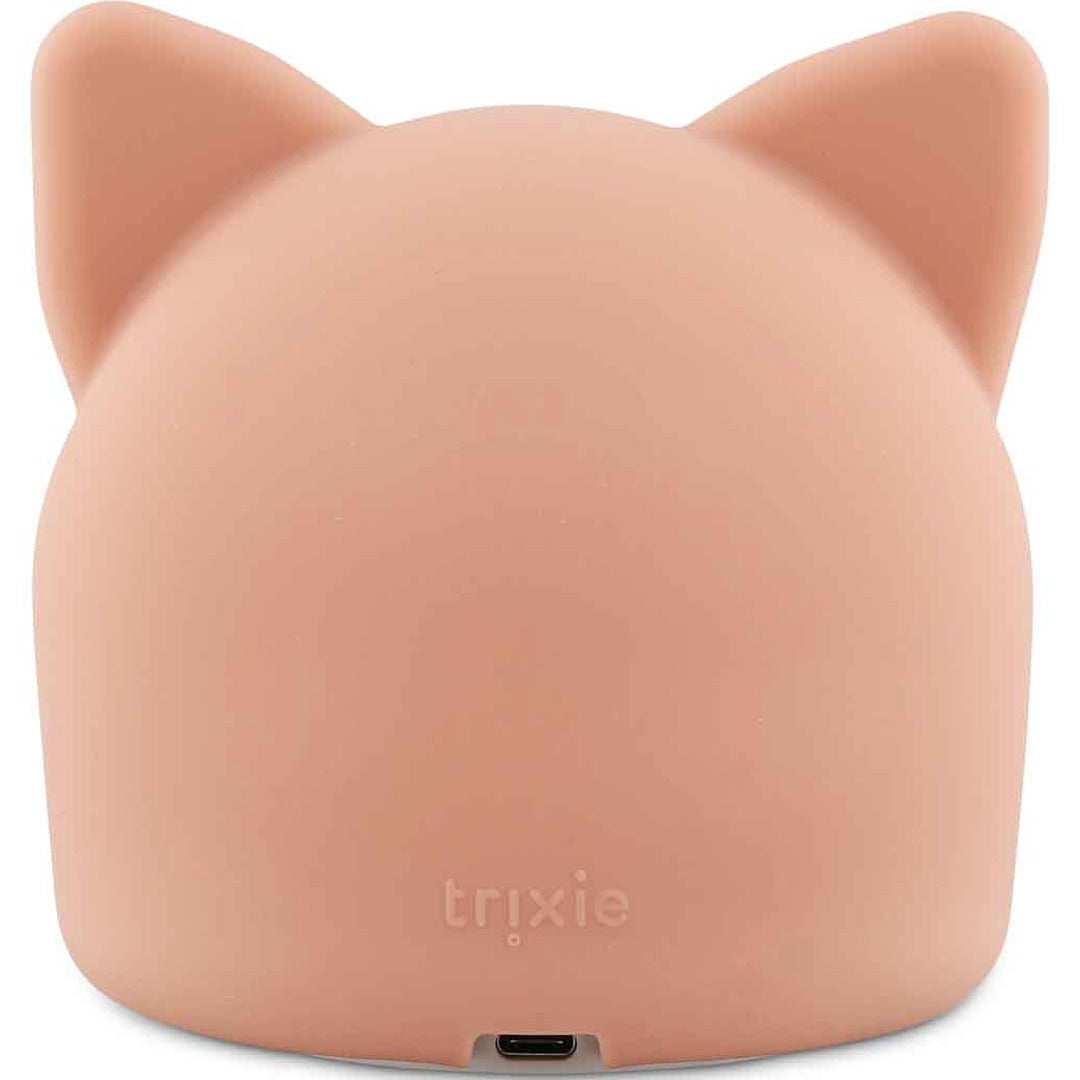 Achterkant van het roze Trixie katten nachtlampje met het merklogo en een USB-poort.