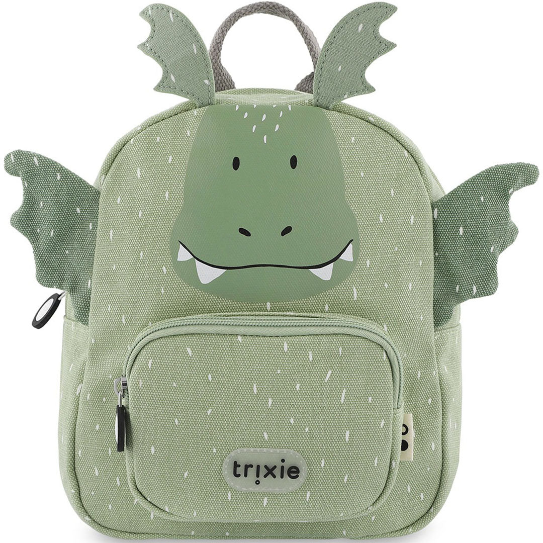 Trixie peuterrugzak in de vorm van een groene draak, van voren gezien.