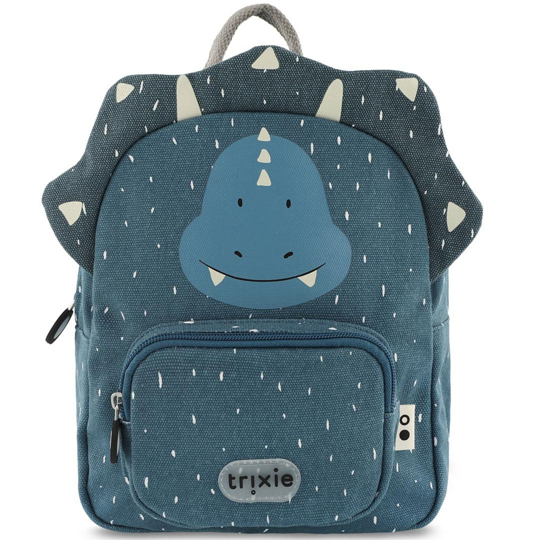 Trixie peuterrugzak met een blauw triceratops gezicht en franje, van voren gezien.