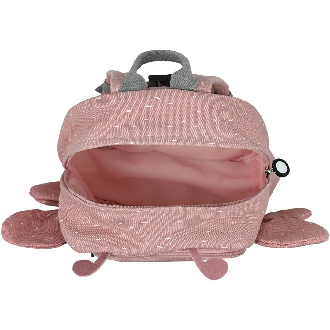 Bovenaanzicht van de open roze peuterrugzak Mrs. Butterfly, met zicht op het ruime hoofdvak.