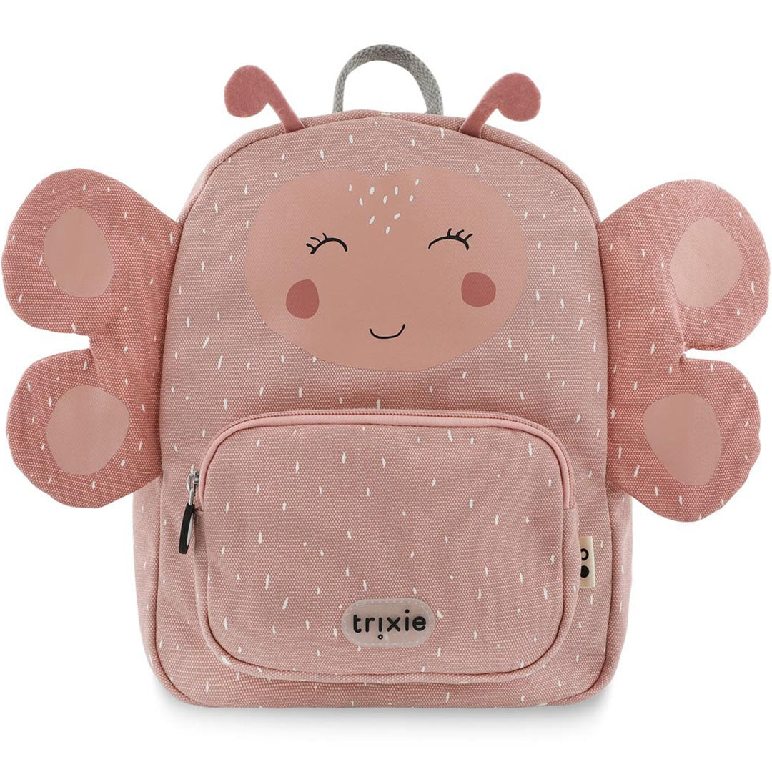 Trixie peuterrugzak Mrs. Butterfly, roze met witte stippen en een vlindergezicht aan de voorkant.