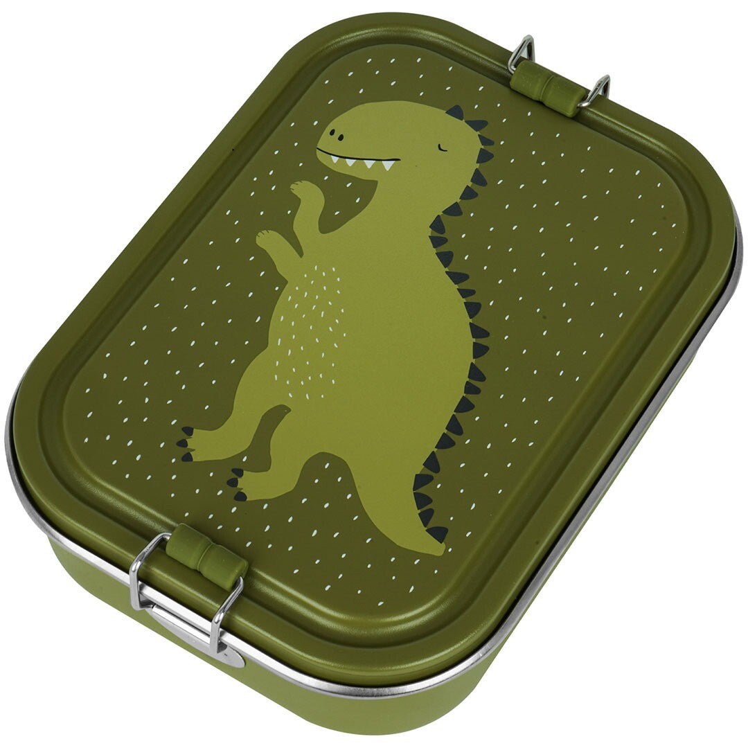 Trixie groene rvs broodtrommel met dinosaurus illustratie, gesloten.