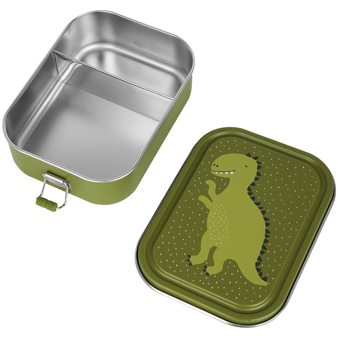 Trixie groene rvs broodtrommel met dinosaurusdeksel, open en leeg, met verdeler.