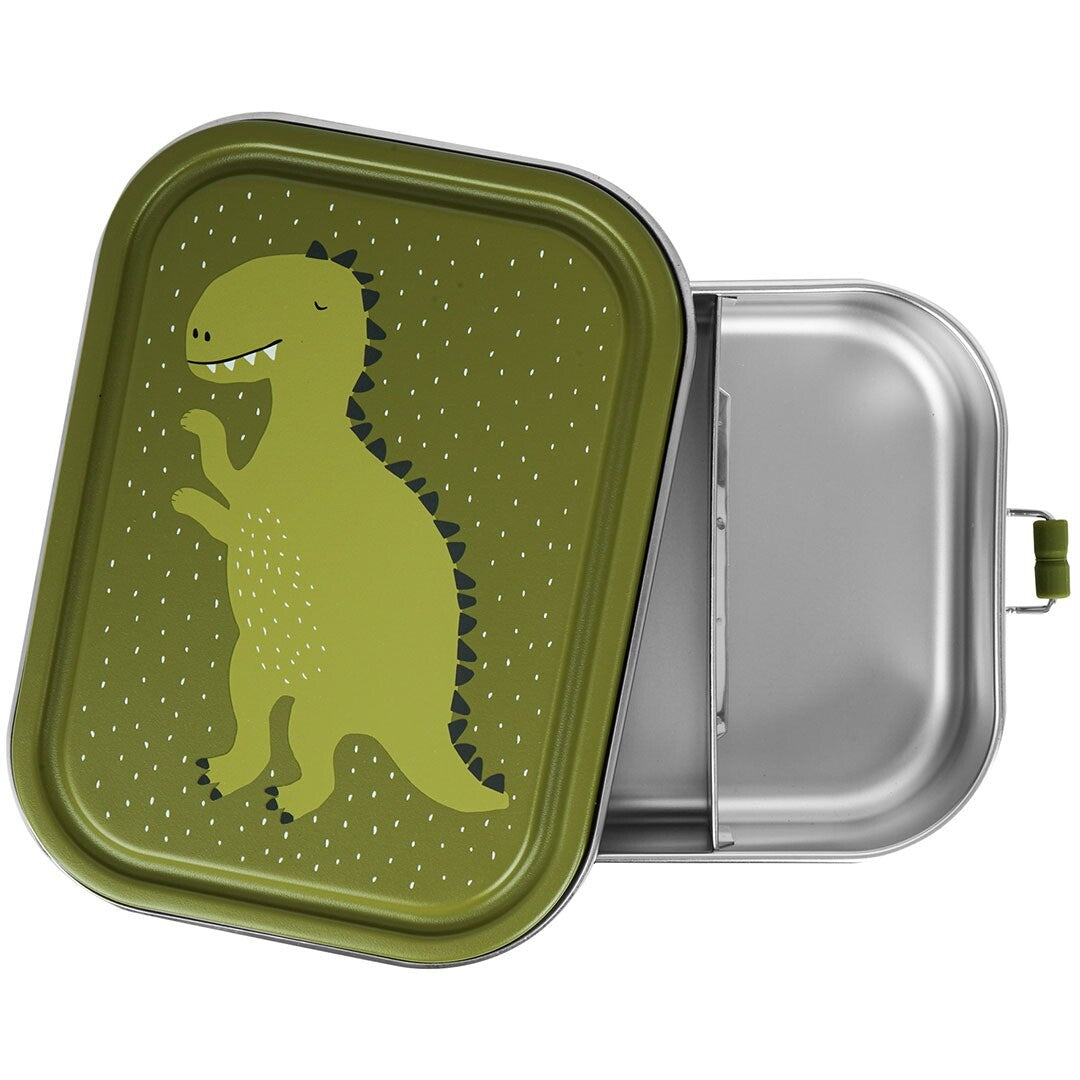 Trixie groene rvs broodtrommel met dinosaurus illustratie, deels open.