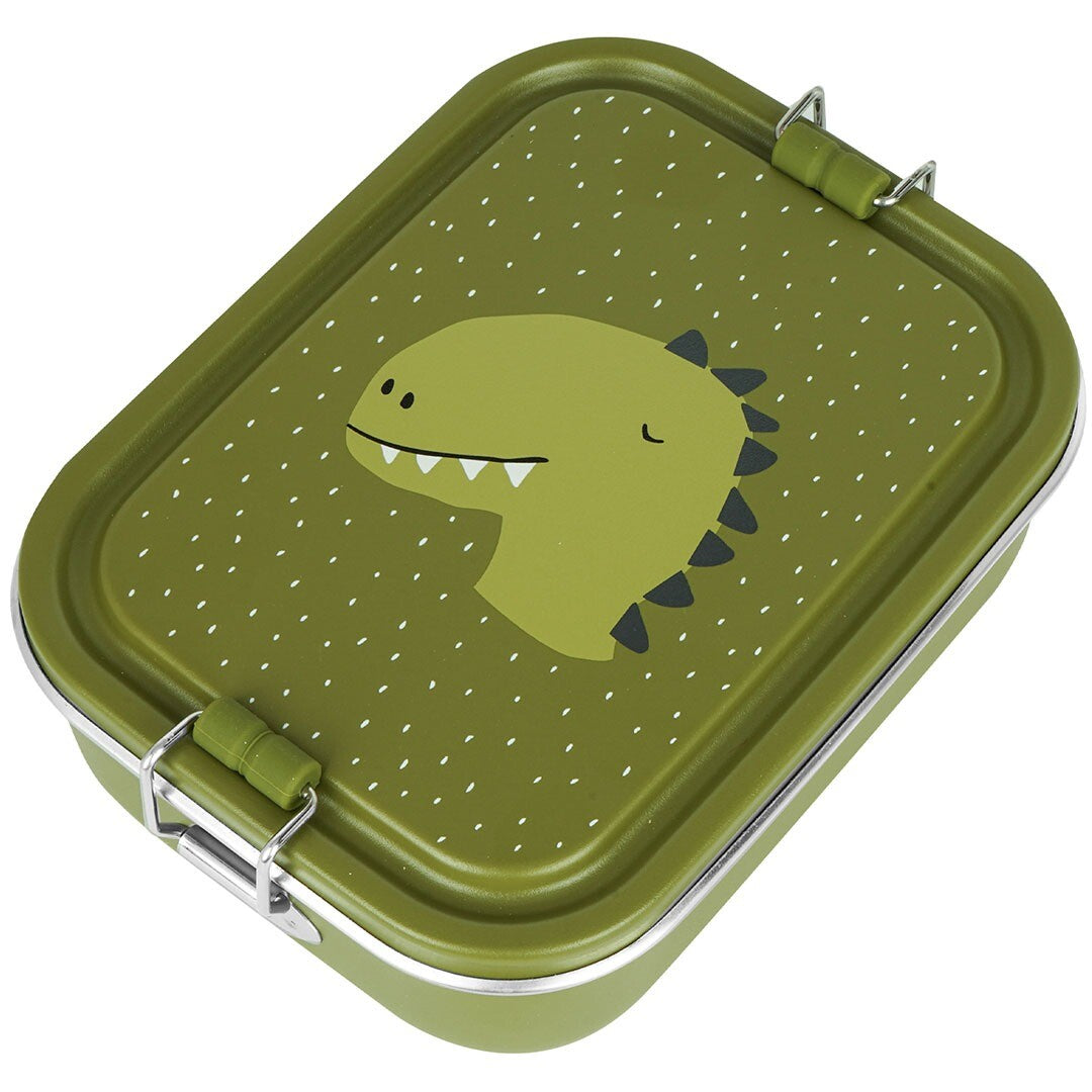 Trixie rvs broodtrommel met een groene deksel met dinosaurushoofd.