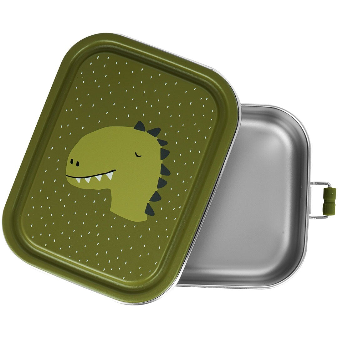 Trixie rvs broodtrommel met de groene dinosaurusdeksel schuin naast de lege zilverkleurige onderkant.