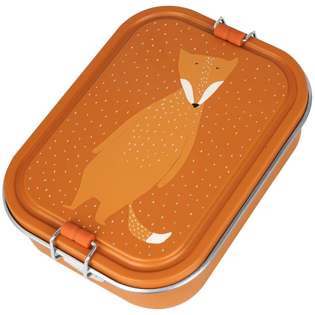 Trixie rvs broodtrommel met een illustratie van een vos op de oranje deksel.