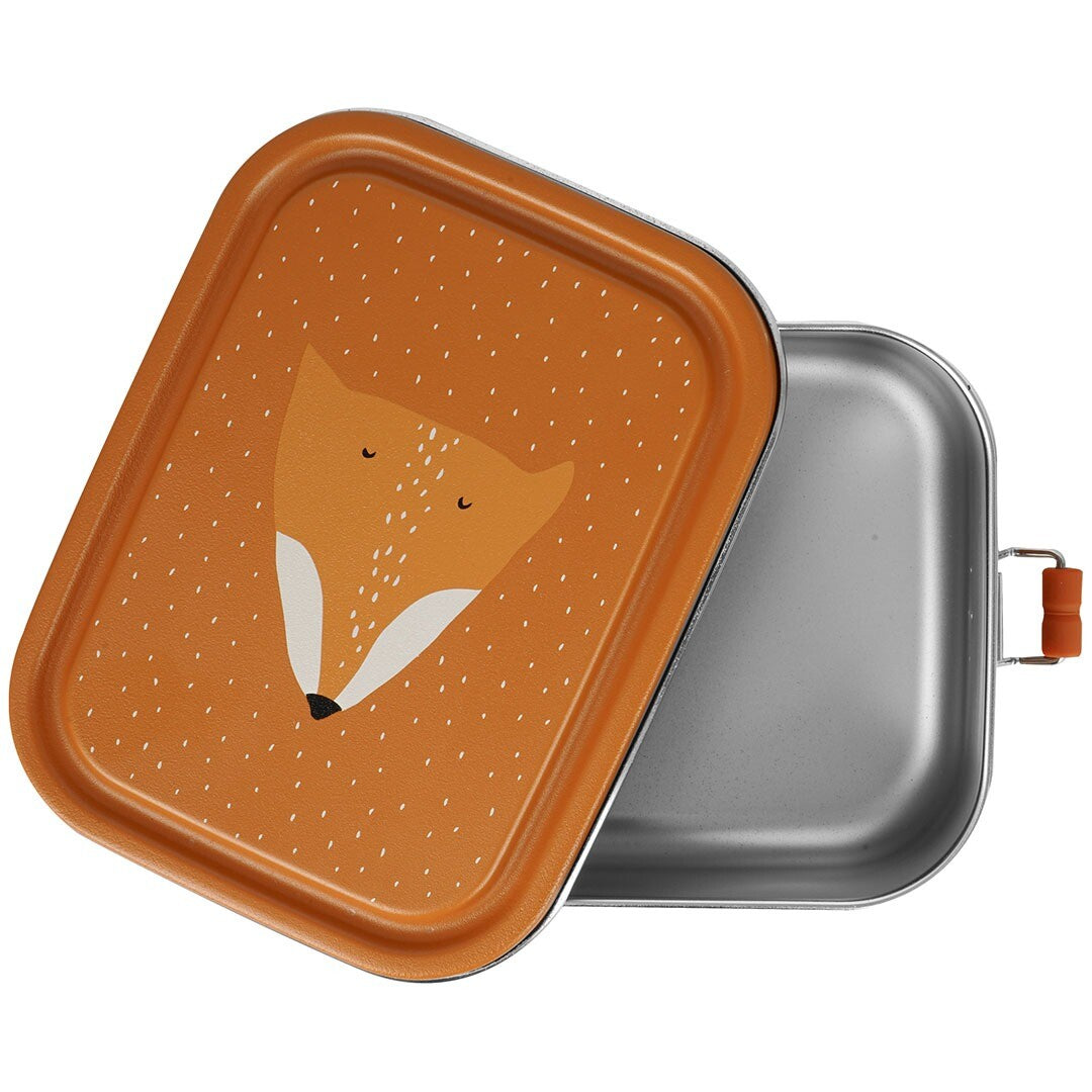 Trixie kinderbroodtrommel met vos-deksel, deels open met zicht op de zilverkleurige binnenkant.