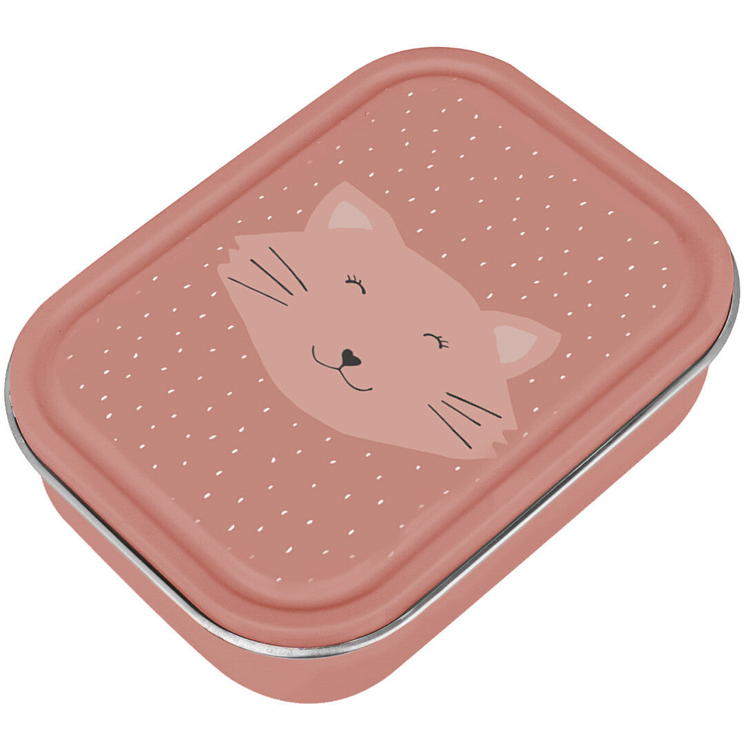 Trixie roze RVS broodtrommel met kattengezicht en stippen.