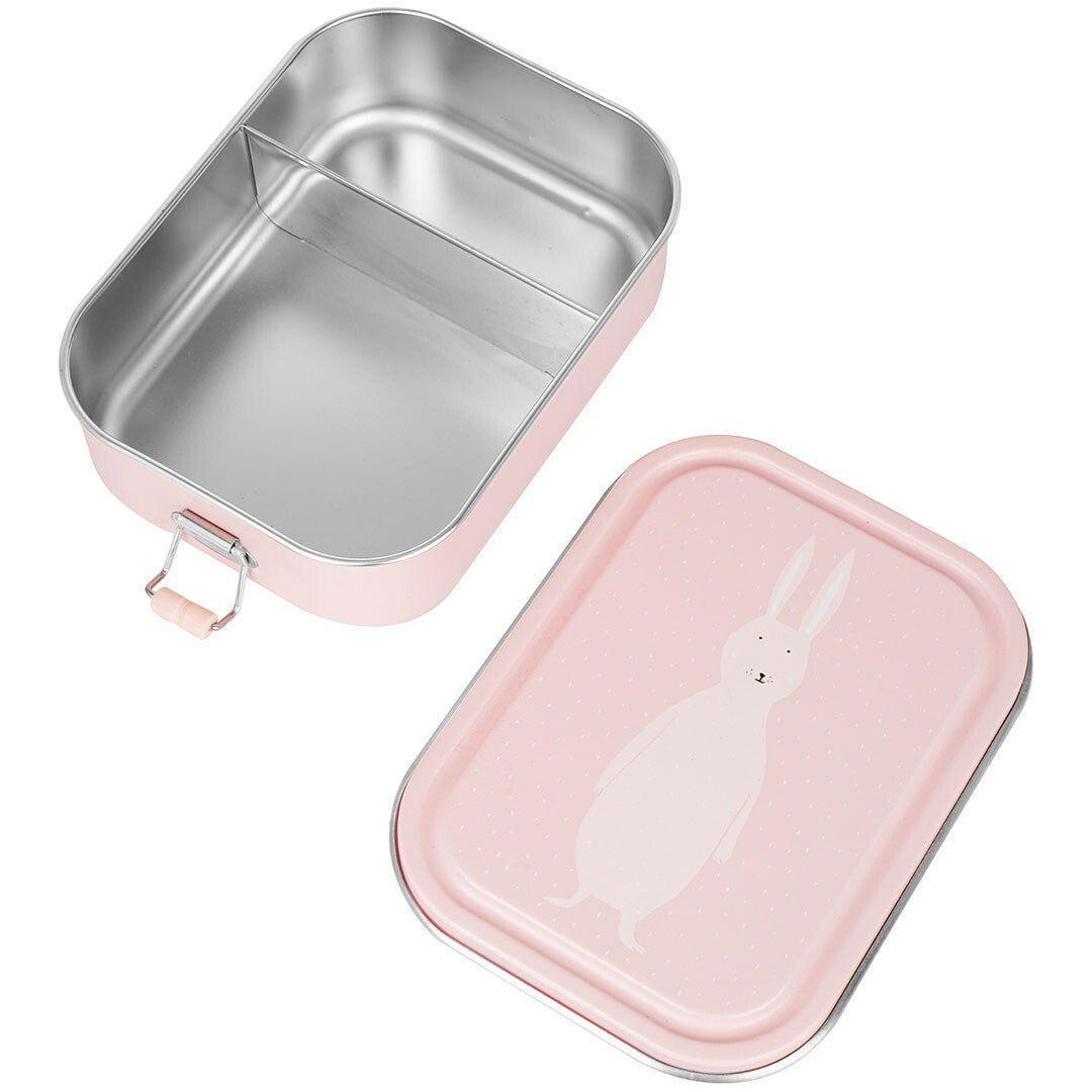 Trixie roze RVS broodtrommel open en leeg, met de deksel met konijnillustratie ernaast.