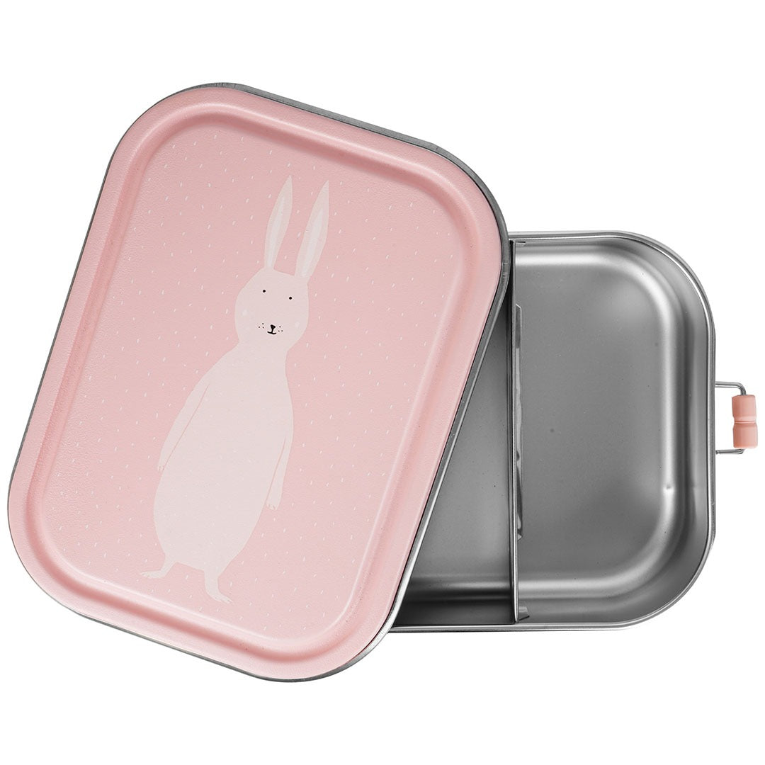 Trixie roze RVS broodtrommel deels open, met de deksel met konijnillustratie nog bevestigd.