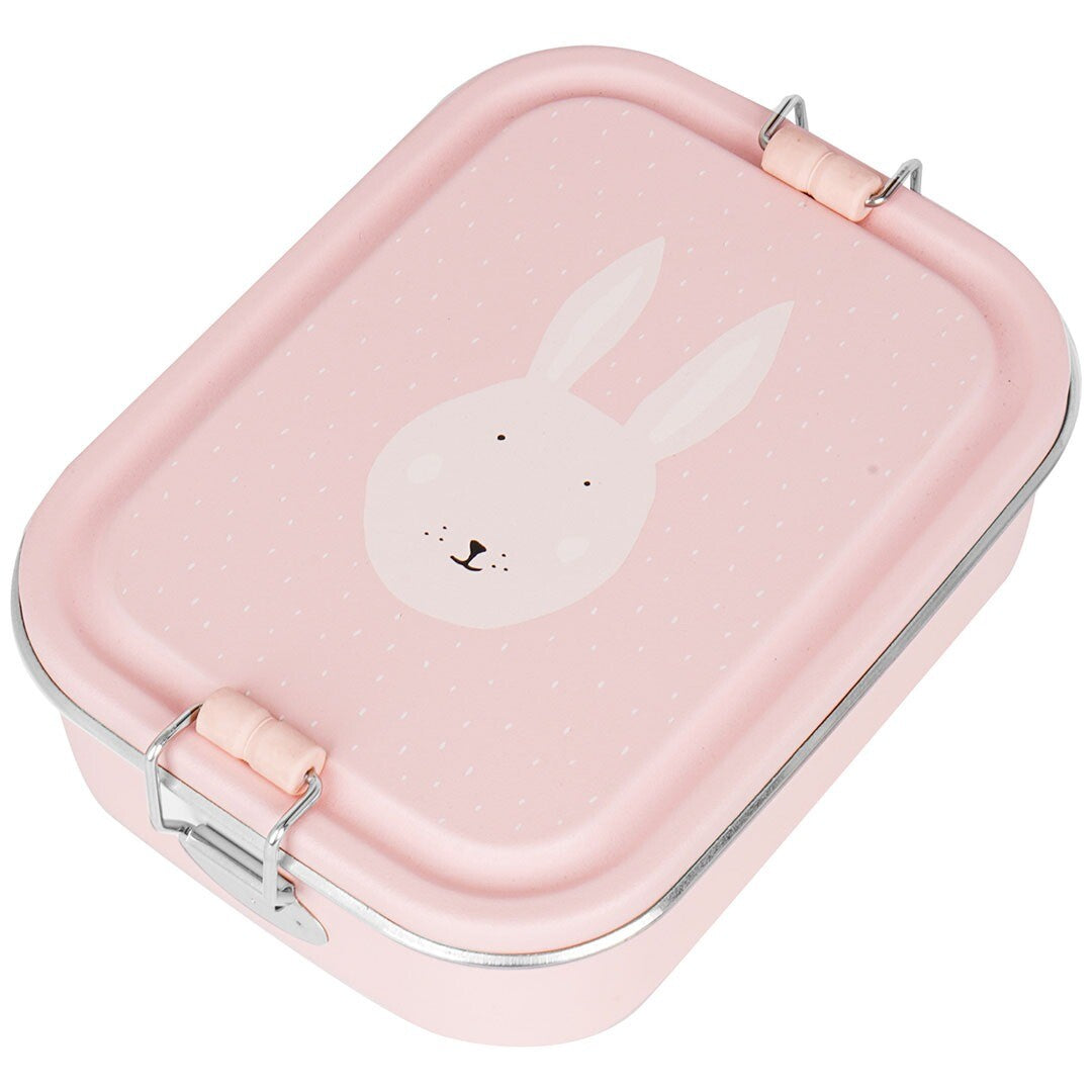 Trixie roze broodtrommel met konijnengezicht en stippenpatroon, gesloten.