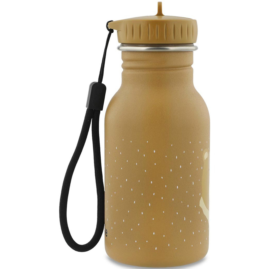 Beige roestvrijstalen waterfles met zwarte draaglus en witte stippen.
