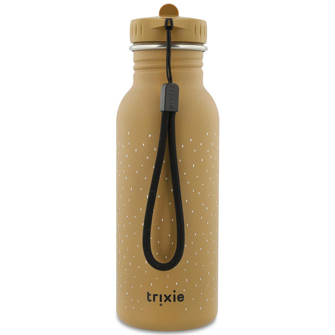 Trixie roestvrijstalen kinderdrinkfles in beige met een zwarte draaglus en het Trixie logo.