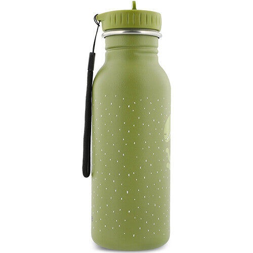 Zijkant van de Trixie groene kinder drinkfles met stippen en een zwart draagkoord.