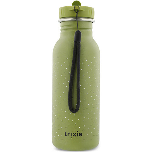 Achterkant van de Trixie groene kinder drinkfles met stippen, een draagkoord en het Trixie logo.