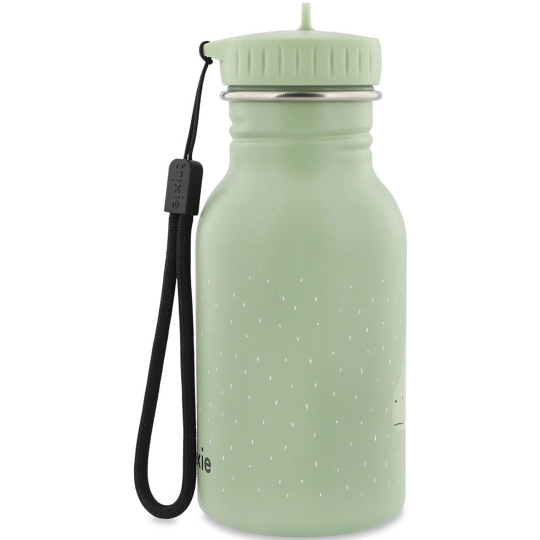 Trixie groene roestvrijstalen drinkfles met drakenprint, stippen en een zwart draagkoord.
