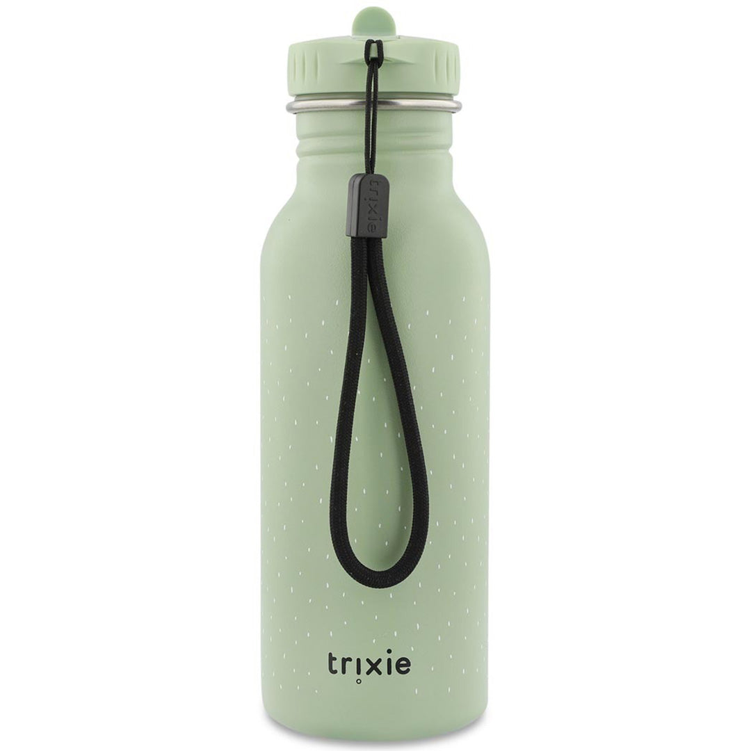 Trixie groene roestvrijstalen drinkfles met zwarte draaglus met Trixie logo en witte stippen.