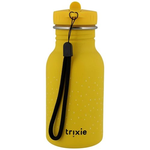 Achterkant van de gele Trixie drinkfles met zwarte draaglus en het Trixie logo.