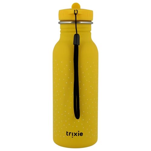 Achterkant van de Trixie gele kinder waterfles met zwarte draaglus en witte stippen.