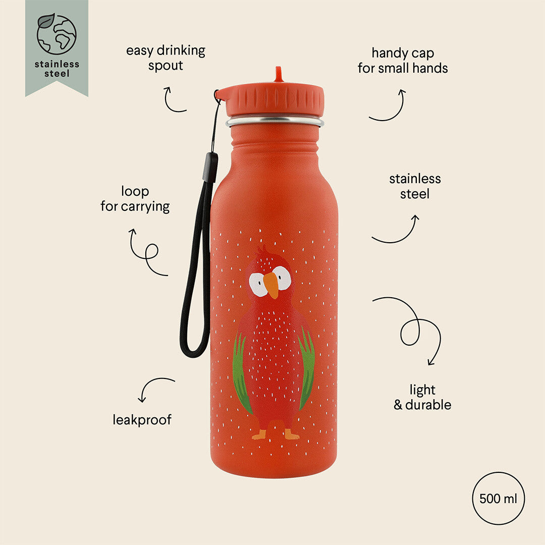Infographic van de Trixie kinderdrinkfles met kenmerken zoals roestvrij staal en draaglus.