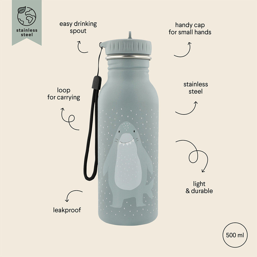 Infographic met de kenmerken van de Trixie kinder drinkfles met haai.
