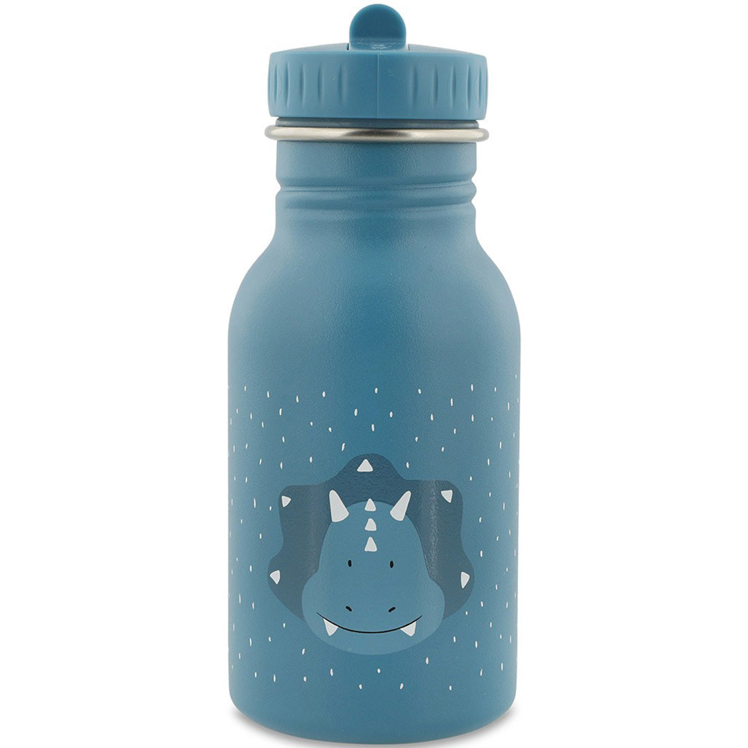 Trixie blauwe drinkfles met een triceratops gezicht en witte stippen.
