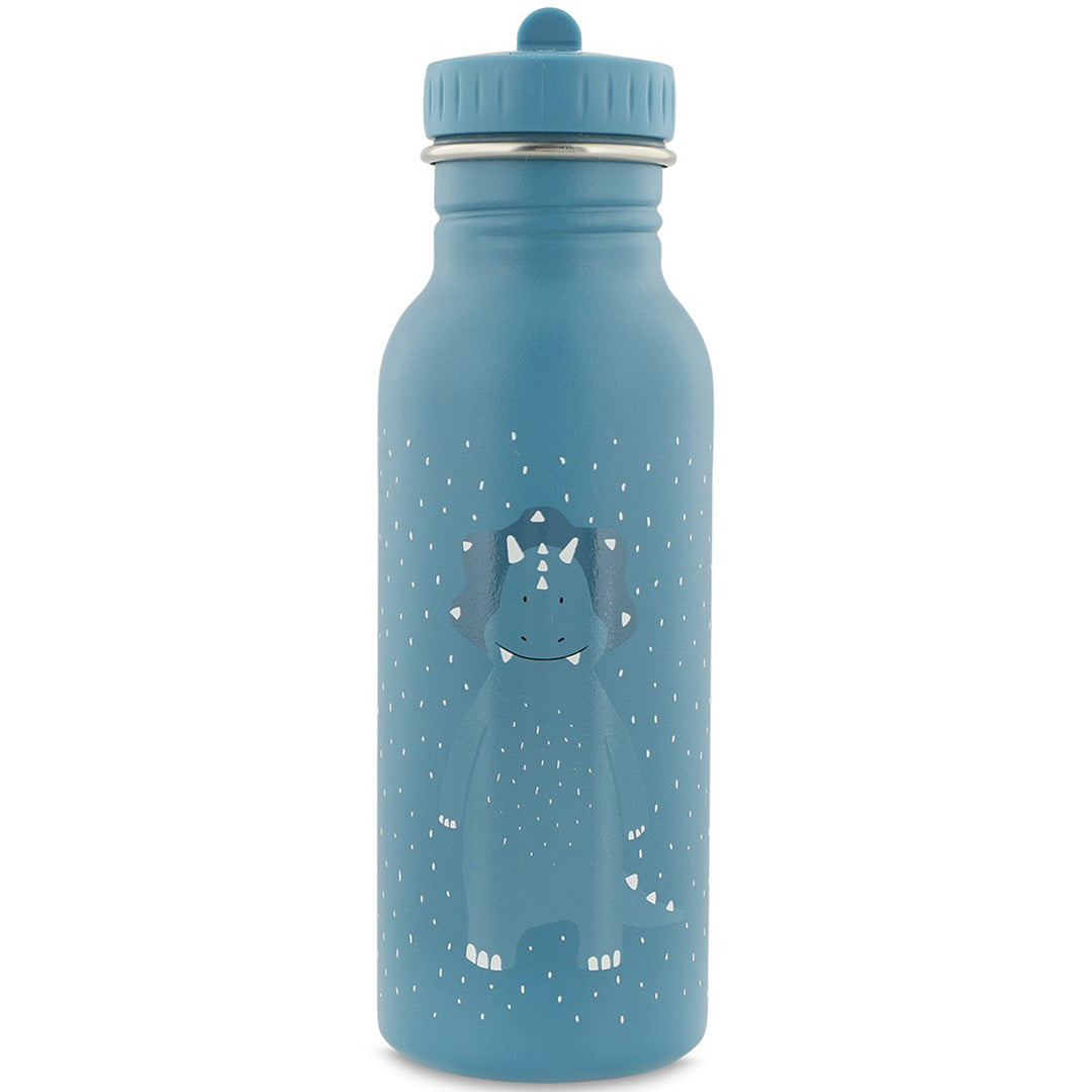 Trixie blauwe kinder rvs drinkfles met een triceratops en witte stippen.