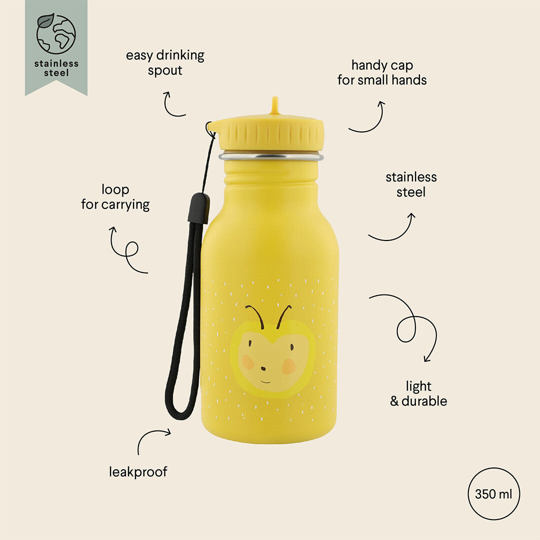 Infographic van de Trixie gele kinderdrinkfles met bijengezichtje, waarop de productkenmerken worden getoond.