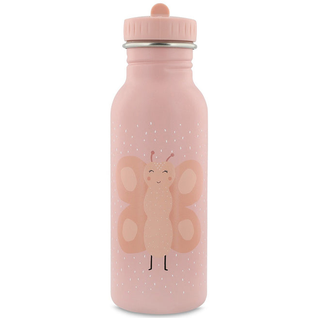 Roze Trixie kinder drinkfles van roestvrij staal met een vrolijke vlinderillustratie en witte stippen.